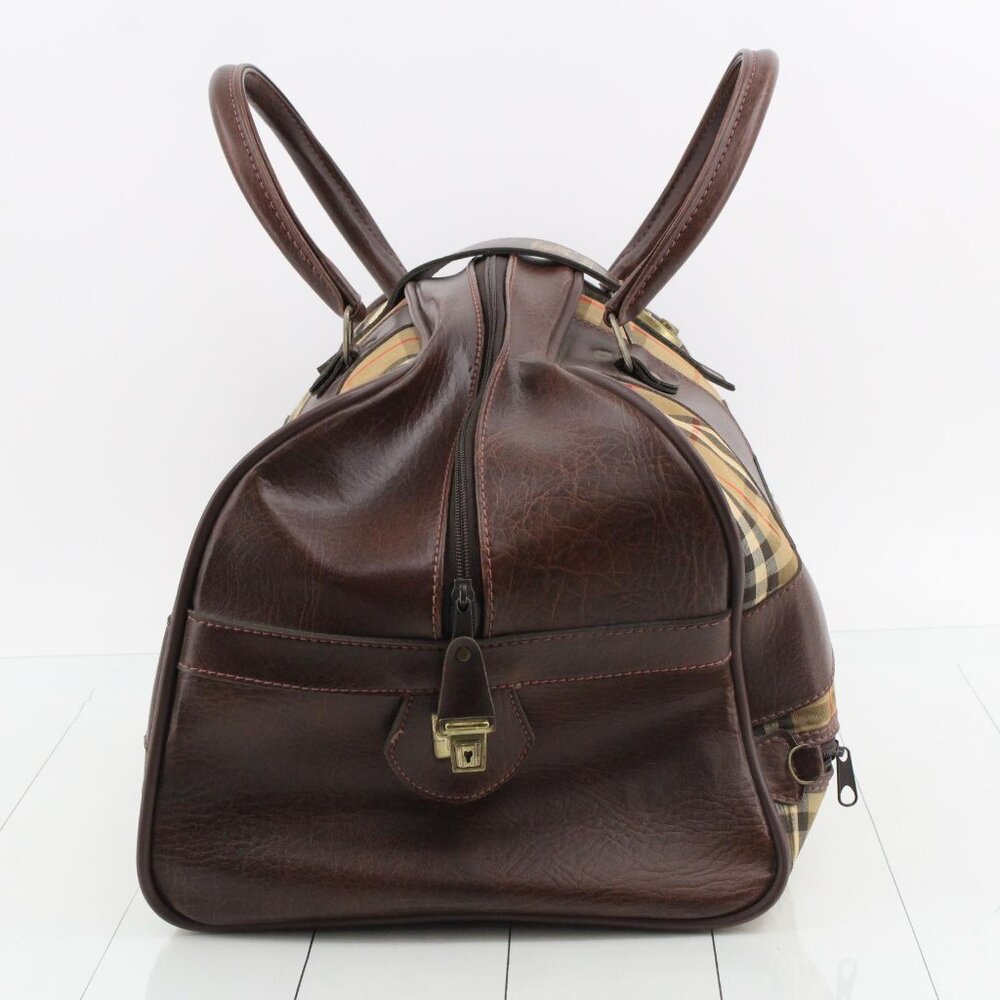 Burberry Tan Plaid Canvas and Brown Leather Duffel Bag - Picture 3 of 7